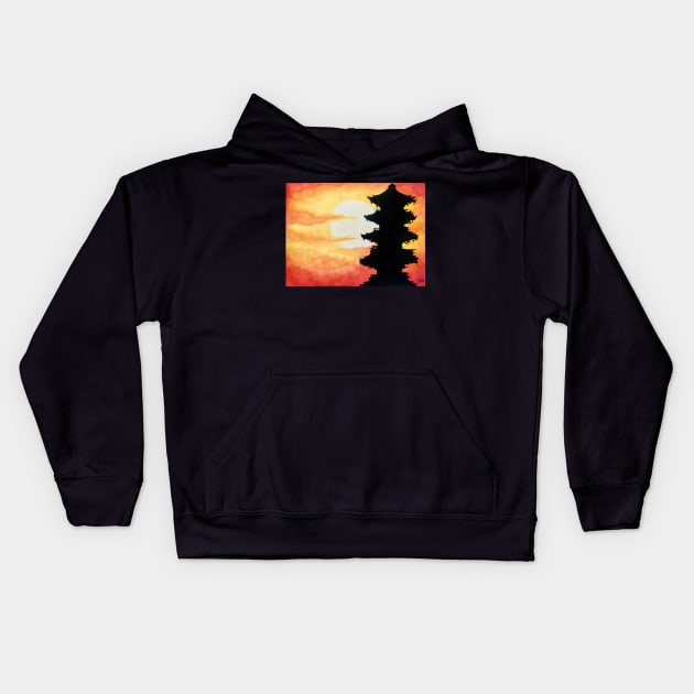 Kyoto Temple Sunset Silhouette Kids Hoodie by SStormes